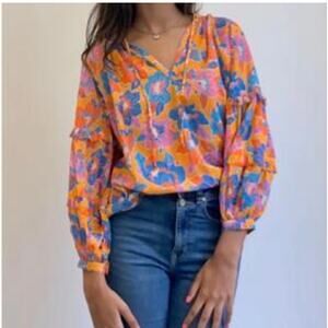Love The Label Lucette Boho Floral Ruffled Ballon Sleeve Blouse Orange Blue XS